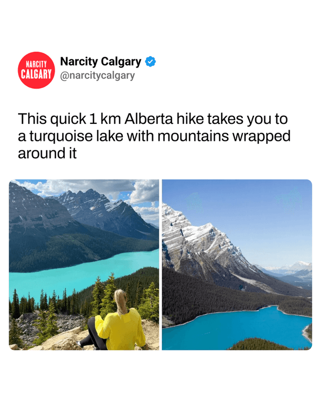 This quick 1 km Alberta hike takes you to a turquoise lake with mountains wrapped around it