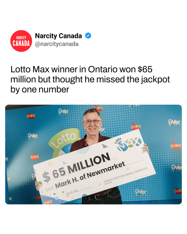 Lotto Max winner in Ontario won $65 million but thought he missed the jackpot by one number