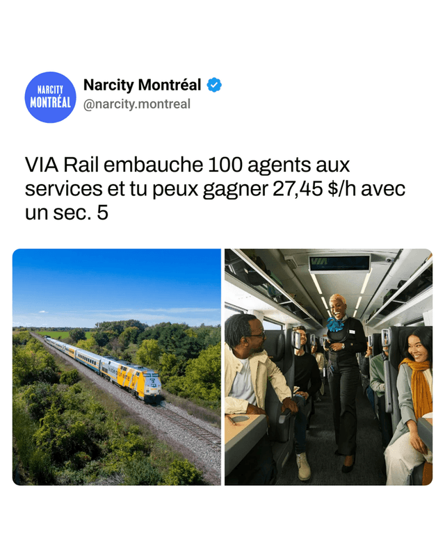 VIA Rail embauche 100 agents aux services et tu peux gagner 27,45 $/h avec un sec. 5