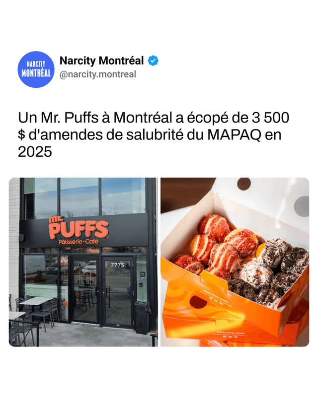 Un Mr. Puffs à Montréal a écopé de 3 500 $ d'amendes de salubrité du MAPAQ en 2025