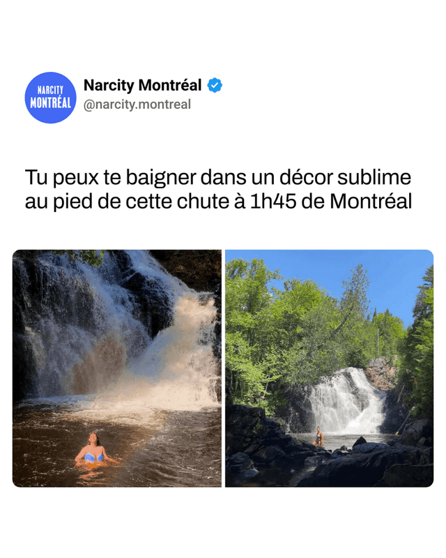 Tu peux te baigner dans un décor sublime au pied de cette chute à 1h45 de Montréal