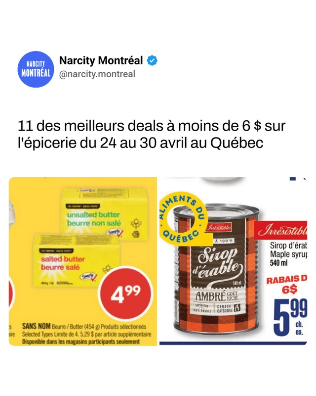11 des meilleurs deals à moins de 6 $ sur l'épicerie du 24 au 30 avril au Québec