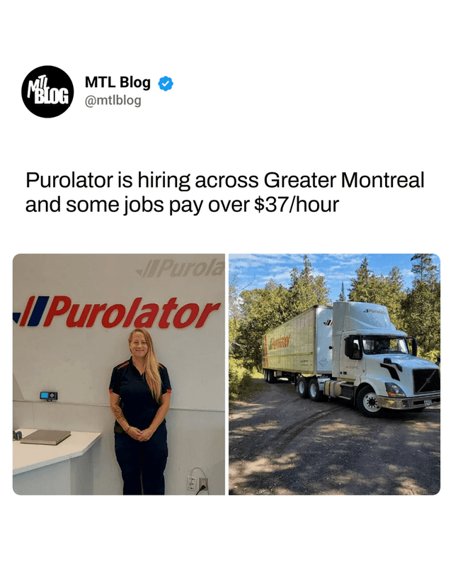 Purolator is hiring across Greater Montreal and some jobs pay over $37/hour