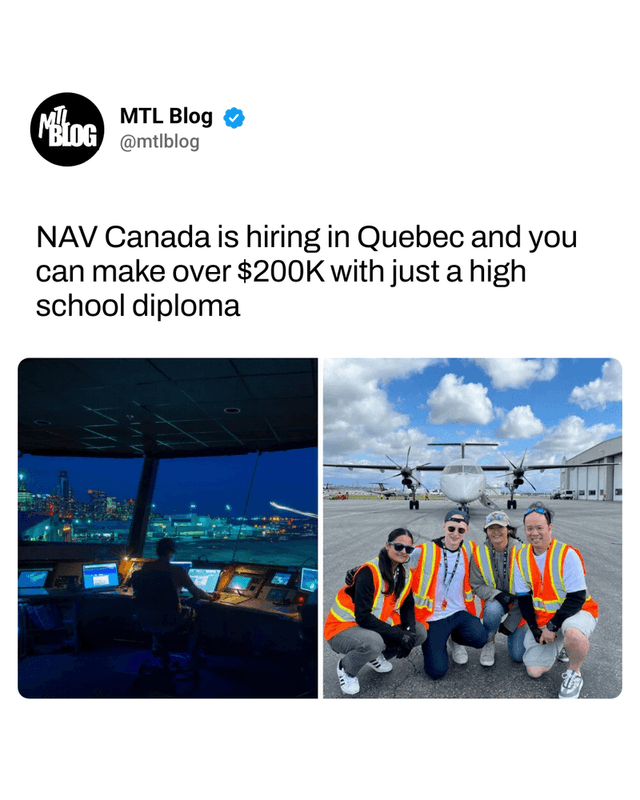 NAV Canada is hiring in Quebec and you can make over $200K with just a high school diploma