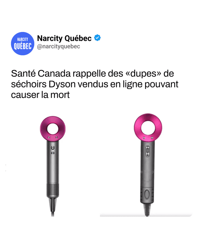 Santé Canada rappelle des «dupes» de séchoirs Dyson vendus en ligne pouvant causer la mort