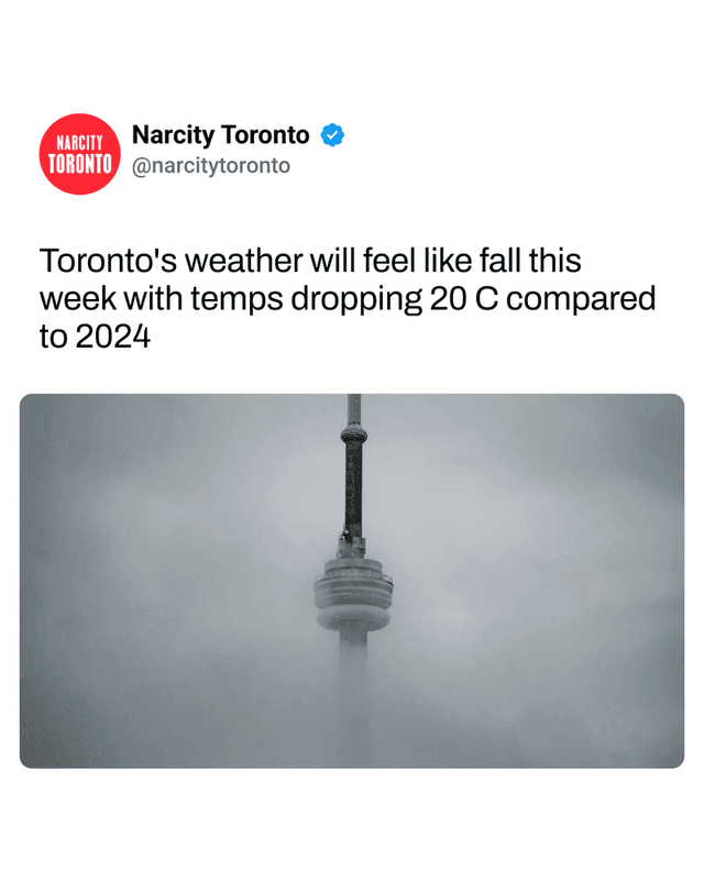 Toronto's weather will feel like fall this week with temps dropping 20 C compared to 2024