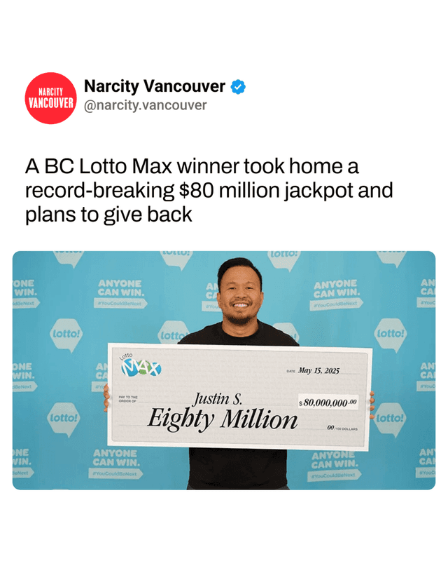 A BC Lotto Max winner took home a record-breaking $80 million jackpot and plans to give back