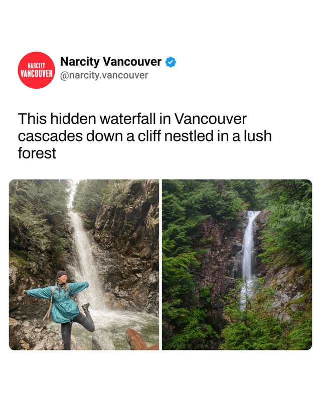 This hidden waterfall in Vancouver cascades down a cliff nestled in a lush forest